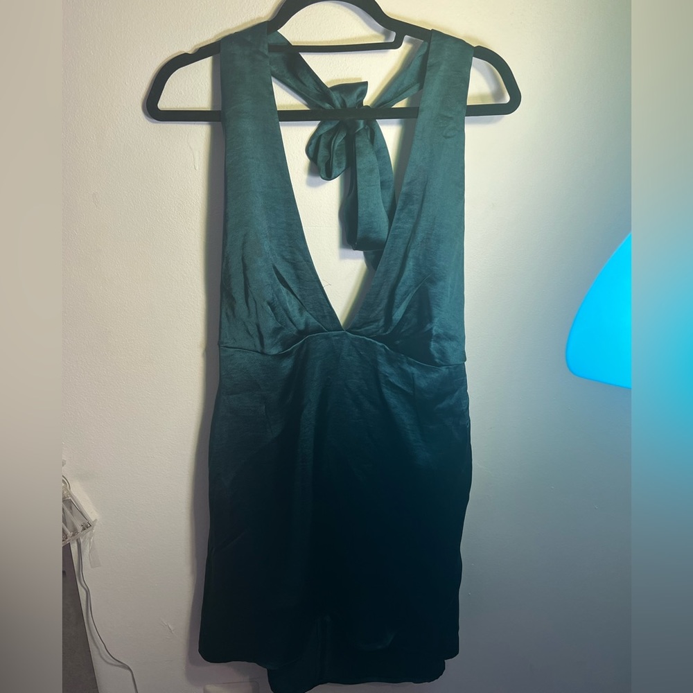 emerald green satin halter dress